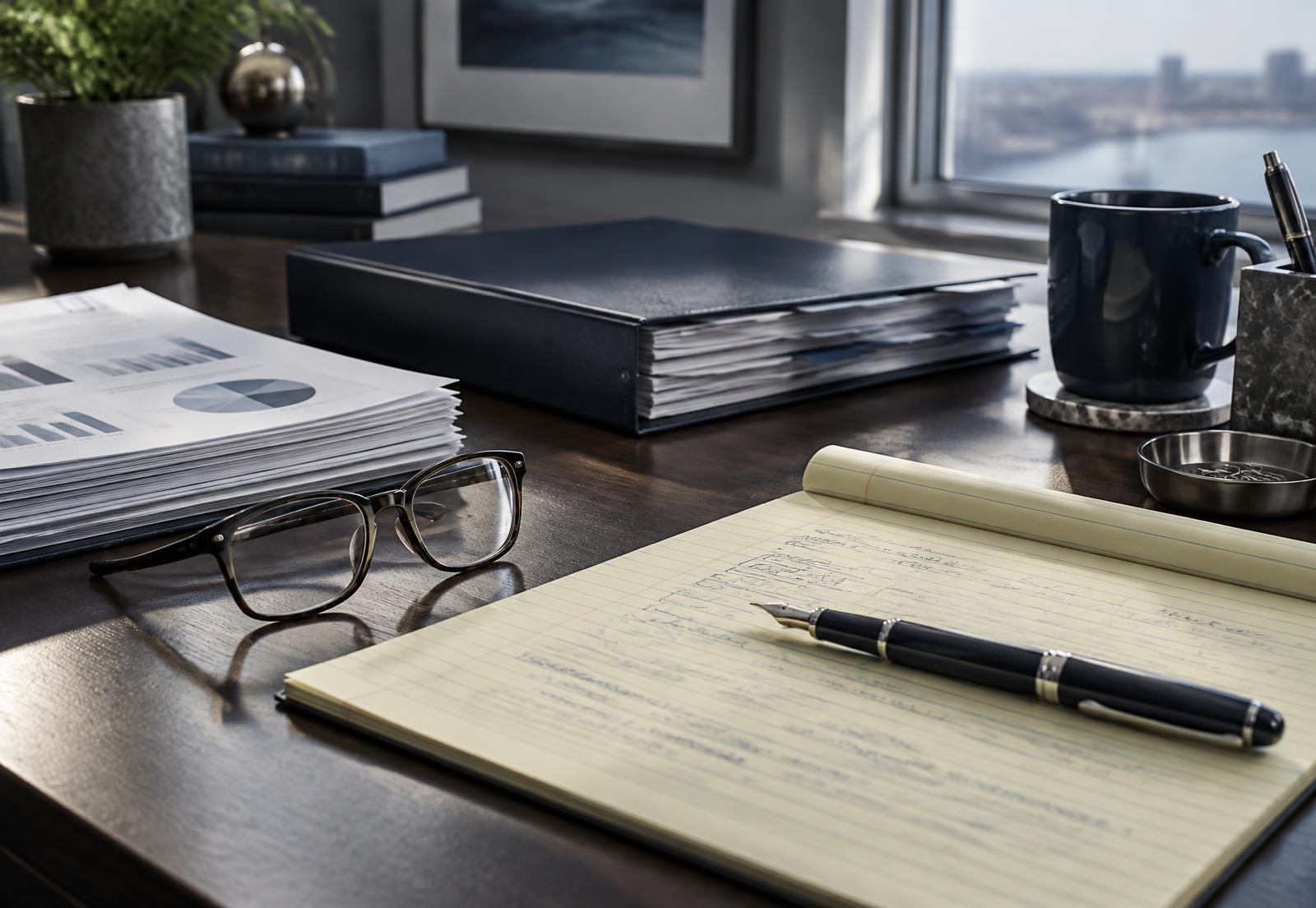 Structured engagement documents, annotated review notes, and a tabbed evidence binder on a desk